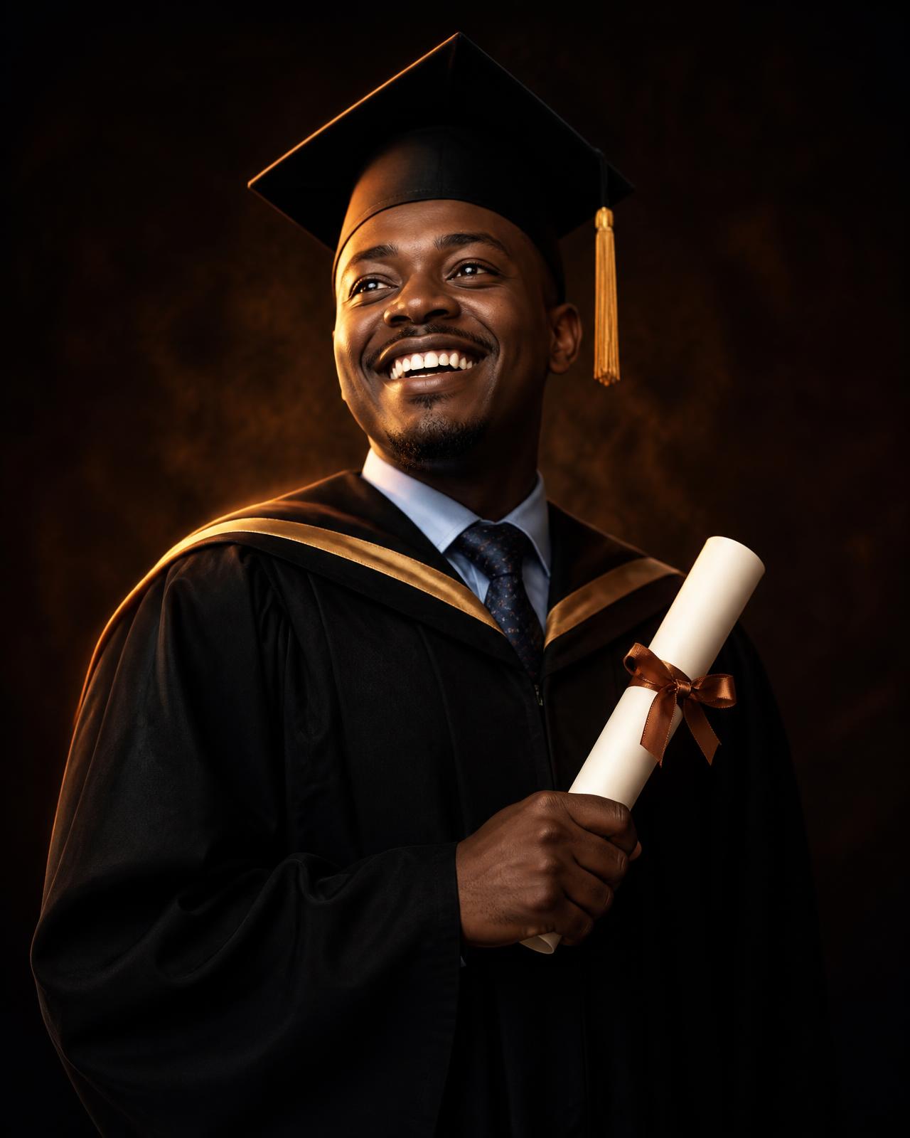 Graduate in cap and gown holding a diploma